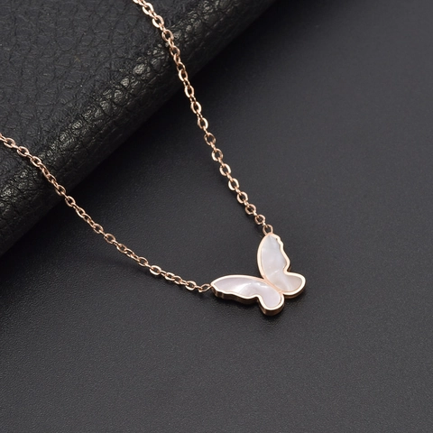 Butterfly Pendant Necklace In Titanium Steel With Mother Of Artificial Pearl Inlay Elegant Box Chain Minimalist Style Jewelry