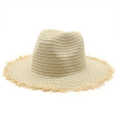 Women Paper Straw Fedora Hat Frayed Edge Wide Brim Summer Beach Sun Protection Jazz Style Breathable