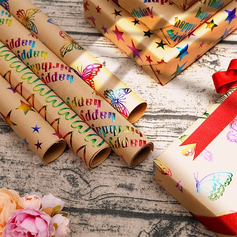 Birthday Gift Wrapping Paper Roll Kraft Paper Rainbow Holographic Foil Embossed Butterfly Star Heart Pattern Party Decor