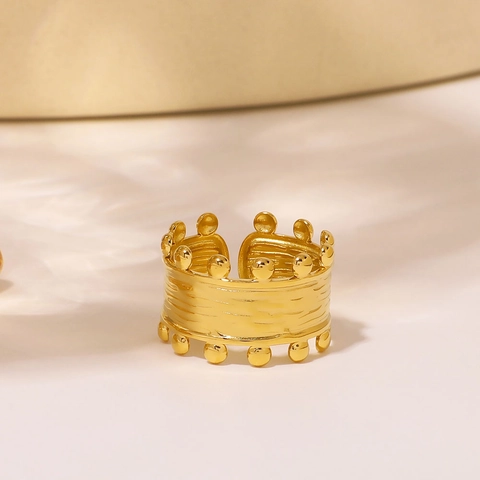 Textured Double Row Beads Adjustable Ring 18K Gold Plated Stainless Steel Wide Band Geometric Vintage Jewelry For Women