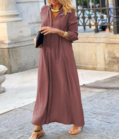 Damen Lässig Baumwollmischung Einfarbig V-Ausschnitt Langarm Hemd Maxi Kleid Lose Großer Schwung Tasche Kaftan Kleid Für Urlaub