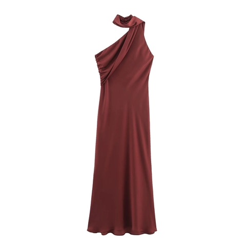 Satin One Shoulder Midi Dress Elegant Ruched Scarf Neck Sleeveless Evening Party Cocktail For Women