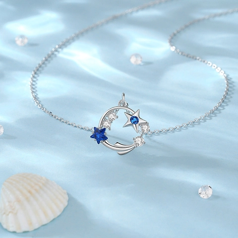 925 Sterling Silver Star Moon Pendant Necklace With Blue White Cubic Zirconia Dreamy Jewelry For Women