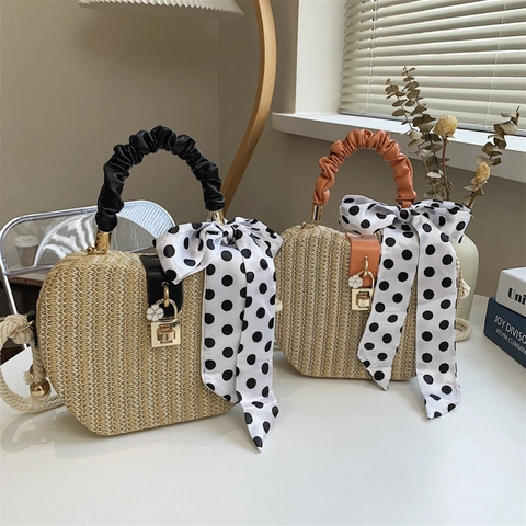 Straw Woven Crossbody Bag For Women With Satin Scarf Decor Flower Lock Heart Shaped Shoulder Handbag Summer Beach