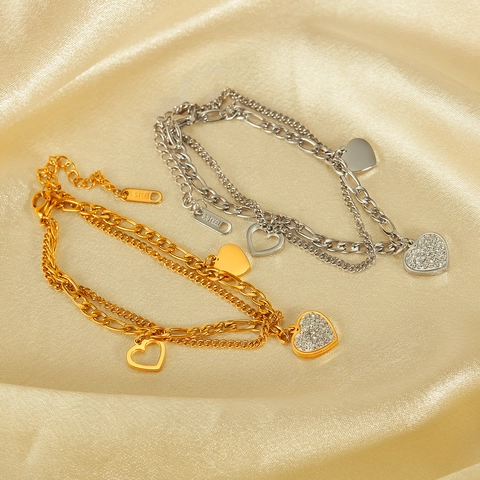 Stainless Steel Double Layer Heart Pendant Bracelet For Women Elegant Zirconia Hollow Heart Figaro Chain Fashion Jewelry Gift