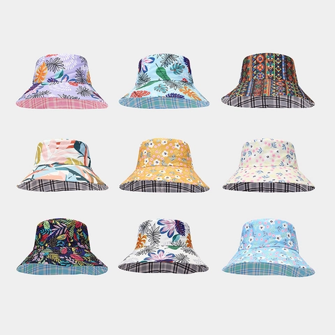 Women Reversible Bucket Hat Wide Brim Sun Protection Polyester Floral Plaid Print Outdoor Travel Folding Summer Cap