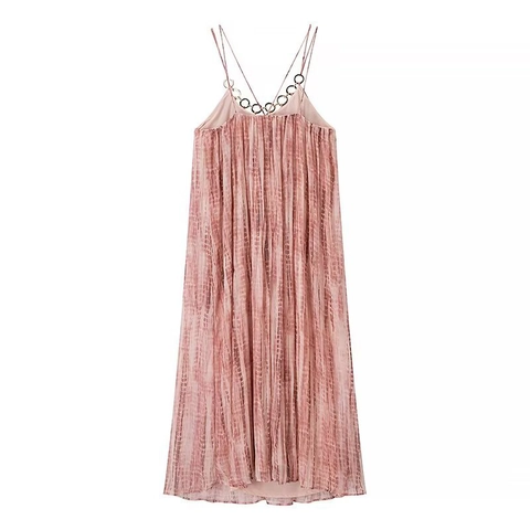 Vestito Maxi Tie Dye Sexy Da Donna Senza Maniche Pieghettato Chiffon Camisole Con Decorazione Ad Anello In Metallo Elegante