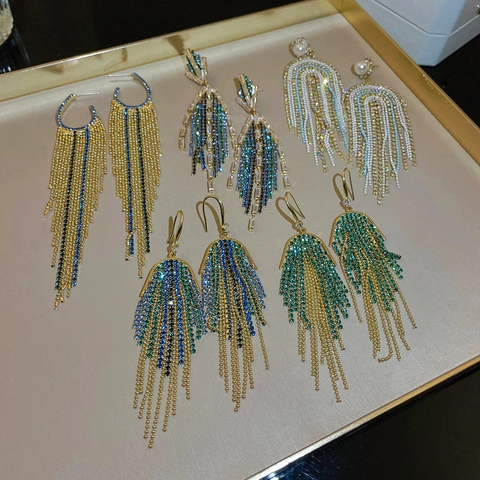 Long Tassel Fringe Rhinestone Faux Artificial Pearl Dangle Drop Earrings With 925 Sterling Silver Earring Post Luxury Party Jewelry