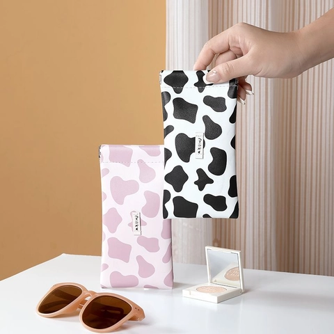 Custodia Per Occhiali Da Sole Morbida Pelle PU Motivo Muccato Chiusura A Pressione Borsa Portaocchiali Portatile Alla Moda