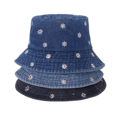 Chapeau Bob En Jean Femme Coton Broderie Marguerite Coeur Été Extérieur Protection Solaire Voyage Style Décontracté