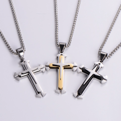 Collar Con Colgante De Cruz De Acero Inoxidable 316L Chapado En Oro 18K Diseño En Capas Cadena De Caja Joyería Para Hombre