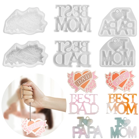 Stampi In Silicone Festa Della Mamma E Papà MOM DAD Forma Cuore Ciondolo Portachiavi Fai Da Te Resina Epossidica