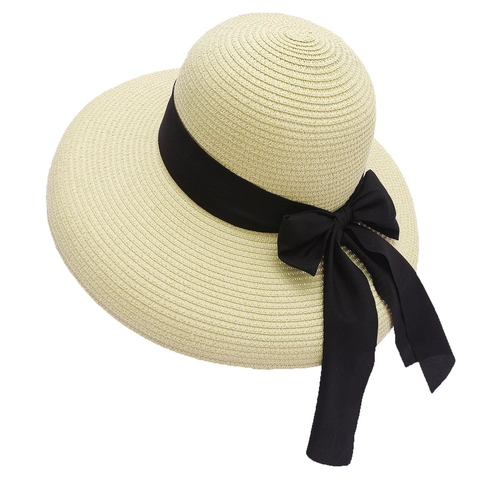 Women Wide Brim Straw Hat Paper Sun Protection Foldable Summer Beach Ribbon Bow Elegant Breathable