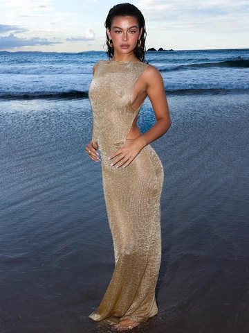 Abito Maxi Sexy In Maglia Da Donna Scollo Halter Schiena Scoperta Spacco Metallico Spiaggia Vacanza Slim Fit
