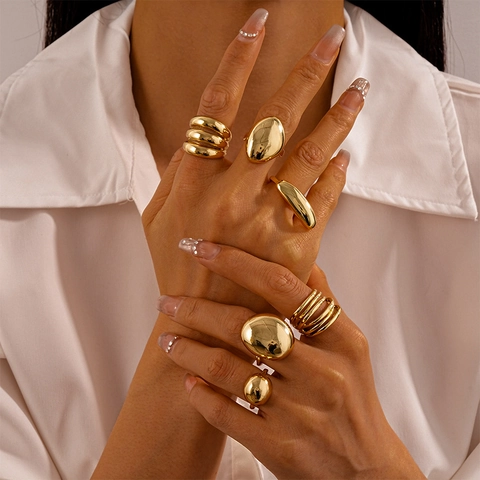 Chunky Geometric Metal Rings Alloy Polished Mirror Surface Oval Bean Shape Minimalist Finger Jewelry For Women