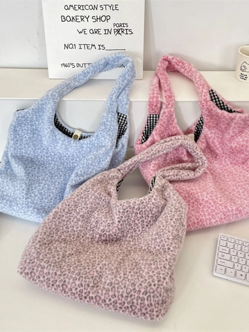 Sac Cabas En Peluche Léopard Femmes Sac À Bandoulière Fausse Fourrure Grande Capacité Main Avec Doublure À Carreaux Automne Hiver