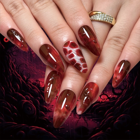 Unghie Finte Halloween Rosso Sangue Effetto Goccia D'Acqua 3D Motivo Marmorizzato Lucido Mandorla Stiletto Donna