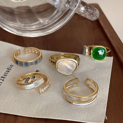 Adjustable Open Rings For Women Vintage Light Luxury Geometric Gemstone Enamel Zirconia Shell Fashion Jewelry Gift