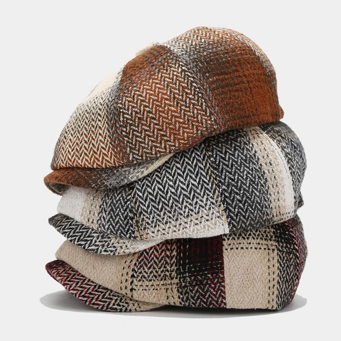 Berretto Newsboy Vintage Britannico Cotone Tweed Spina Di Pesce Patchwork Retro Piatto Per Uomini Donne