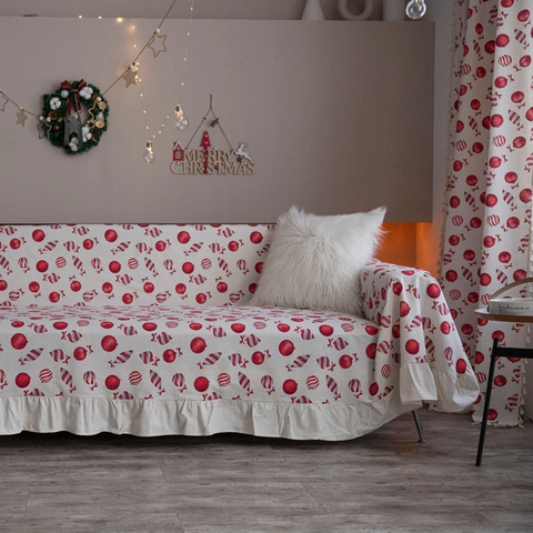 Weihnachts Sofa Überwurf Baumwolle Polyester Rüschen Festlicher Druck Staubdicht Couch Decke Bezug