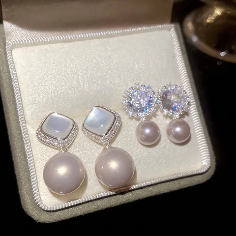 Orecchini A Lobo Con Künstliche Perle Fiore In Zircone Madreperla Perno In Argento Retro Francese Elegante Gioielli Donna Lusso