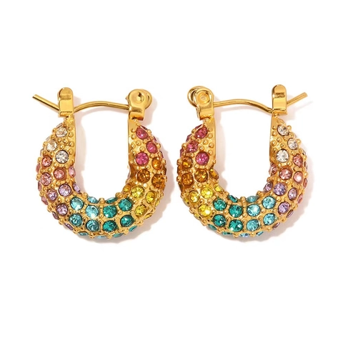Boucles d'Oreilles Créoles en Acier Inoxydable Plaque Or 18K en Forme de U avec Strass Colores et Blancs Bijoux Femme