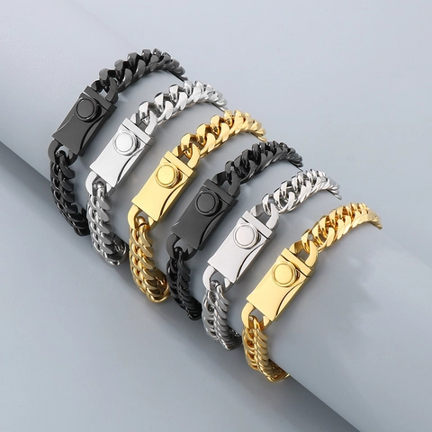 Joyas De Collar Y Pulsera De Eslabones Cubanos De Acero Inoxidable Estilo Hip Hop Punk Cadena Biselada Con Cierre De Presión