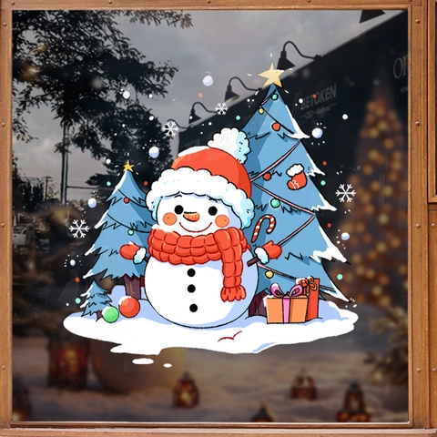 Christmas Window Clings Static Cling PVC Cartoon Snowman Blue Tree Gift Snowflake Double Sided Glass Door Decoration