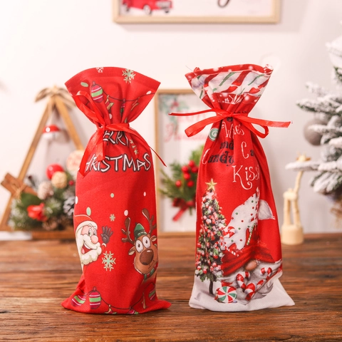 Sacs Cadeaux Pour Bouteilles De Vin Noël Cordon Tissu Père Noël Renne Gnome Motifs Décoration De Table Fête De Vacances