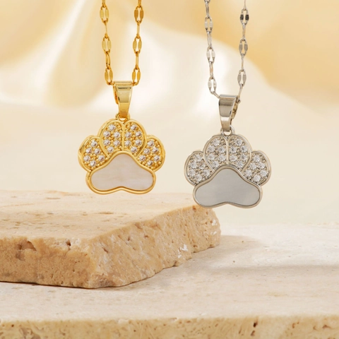 Cat Paw Pendant Necklace Copper Micro Pave Zirconia White Mother Of Artificial Pearl Animal Footprint Elegant Jewelry For Women