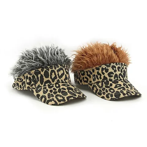 Leopard Print Visor Hat With Funny Spiky Wig Synthetic Fiber Adjustable Novelty Party Cap For Men And Women