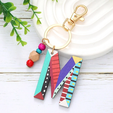 Colorful Wooden Bead 26 Letter Keychain Bohemian Geometric Pattern Wood Alphabet Bag Pendant For Women Holiday Style Keyring