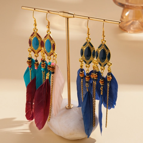 Boheemse Lange Veer Hangende Oorbellen Legering Etnisch Vintage Kwastje Statement Sieraden Cadeau Voor Vrouwen