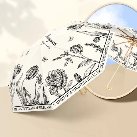 Parapluie Pliable Vintage Français Femmes Soleil Pluie Double Usage Protection UV Revêtement Noir Poignée En J Dorée Imprimé Floral Élégant