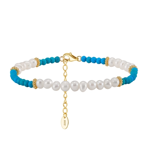 Bracelet Perles en Argent Sterling 925 pour Femmes Perle d'Eau Douce Naturelle Turquoise Style Bohème Bijoux Mode Réglable