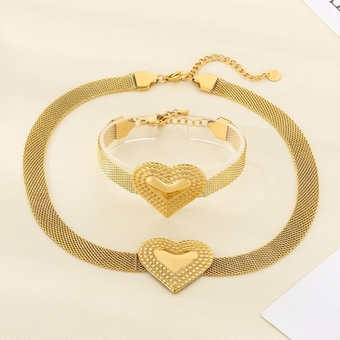 Gioielli Cuore Collana E Bracciale Oro Acciaio Inossidabile Catena Maglia Donna Moda Accessorio Elegante