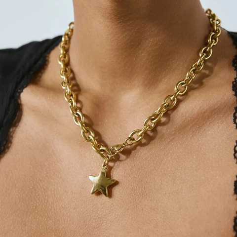 Collana Con Pendente A Stella Placcata Oro 18K Acciaio Inossidabile Catena Grossa Gioielli Hip Hop Per Donna