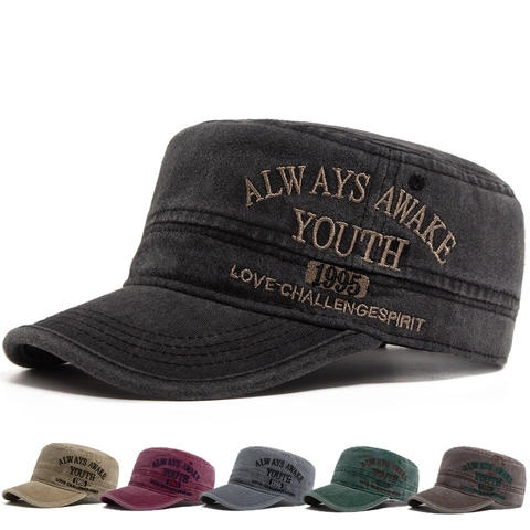 Gorra Militar De Techo Plano De Algodón Lavado Bordado De Letras Vintage Ajustable Gorro De Exterior Para Hombre Mujer