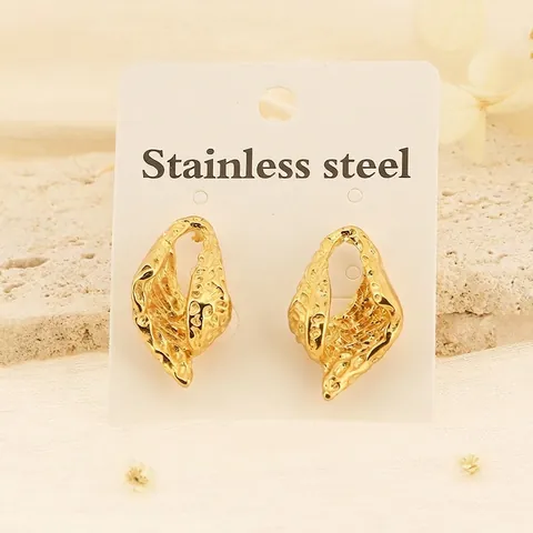 French Vintage Irregular Geometric Hoop Earrings For Women Gold Stainless Steel Hammered Texture Artificial Pearl Accents