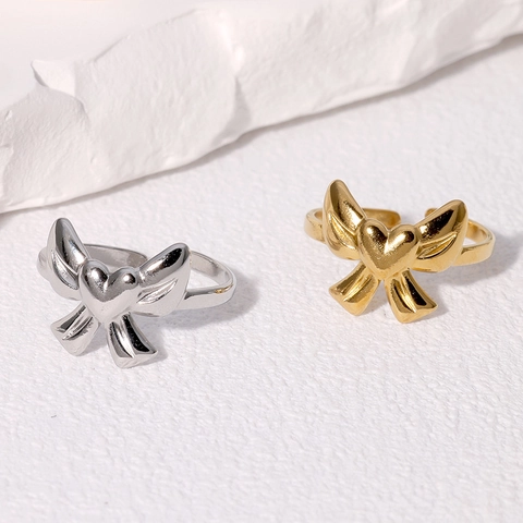 Anillo Abierto Ajustable Con Corazón Y Lazo De Acero Inoxidable Chapado En Oro Joyería Minimalista Mujer