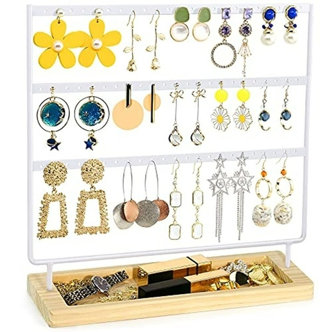 Earring Display Rack Jewelry Organizer With Wood Base Detachable Metal Iron Holder For Desktop Stud Storage Modern