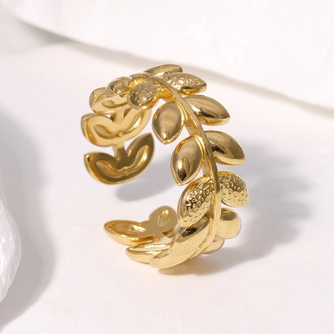 Leaf Olive Branch Open Ring Stainless Steel Adjustable 18K Gold Plated Minimalist Delicate Jewelry For Women Elegant