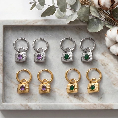 Hangslot Hanger Hoop Oorbellen Roestvrij Staal Met Zirkoon Ingelegd Vintage Luxe Mode Elegante Sieraden Voor Vrouwen