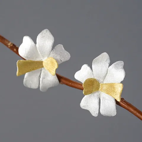 Pastoral Style 925 Sterling Silver Flower Petal Stud Earrings For Women Artistic Handmade Brushed Matte Bicolor Earrings