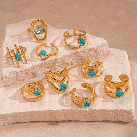 Geometric Open Rings For Women Stainless Steel Blue Zircon Double Layer Textured Adjustable Gold Plated Jewelry