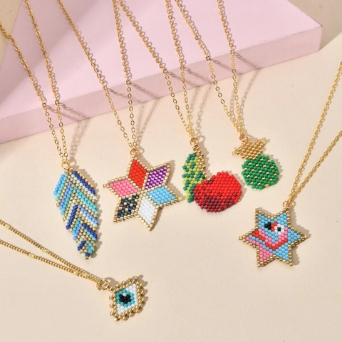 Bohemian Handmade Seed Bead Woven Pendant Necklace For Women Copper Gold Plated Star Evil Eye Fruit Leaf Colorful Jewelry Gift