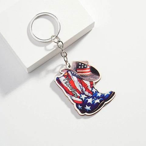 Porte-clés Botte De Cowboy Chapeau En Bois Drapeau Américain Étoiles Rayures Style Western Accessoire De Sac
