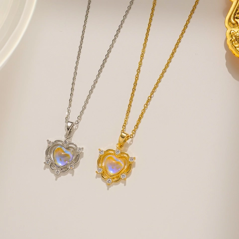 Elegant Heart Pendant Necklace Titanium Steel Colorful Aurora Crystal Zircon Clavicle Chain Jewelry Gift For Women
