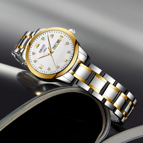 Fashion Luminous Waterproof Quartz Watch For Women Steel Chain Wristwatch Rhinestone Accent Calendar Roman Numerals Analog Dress Watch