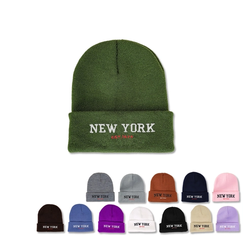 Bonnet Beanie Brodé New York Hiver Chaud Tricot Acrylique À Revers Unisexe Streetwear Décontracté